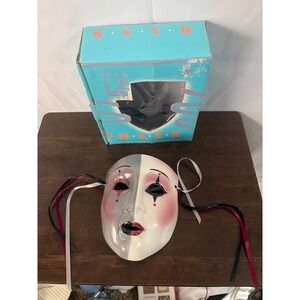 Vintage 1983 Clay Art Ceramic Hand Painted Harlequin Mime Wall Mask with Box